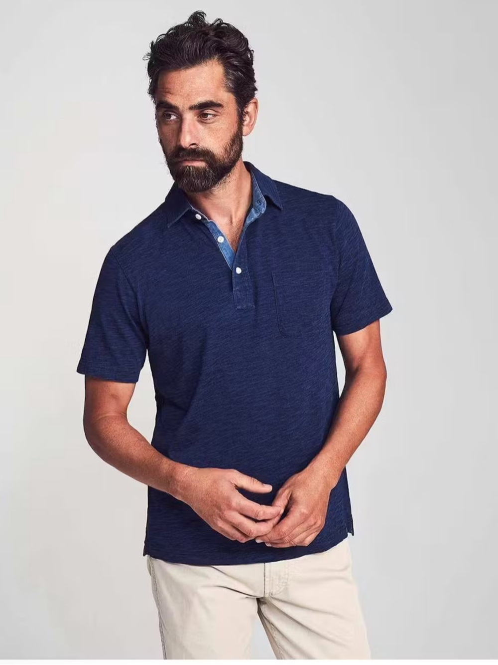 Faherty Short Sleeve Indigo Dyed Blue Polo Shirt Small Chambray Collar Shell